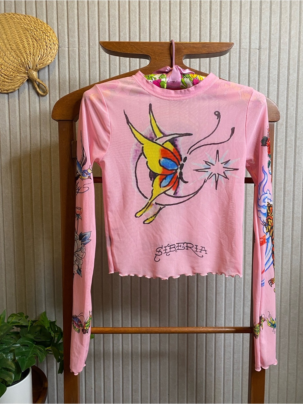 Ed Hardy Siberia Hills Pink Mesh Sheer Tattoo Long Sleeve Shirt size Sm Y2K
